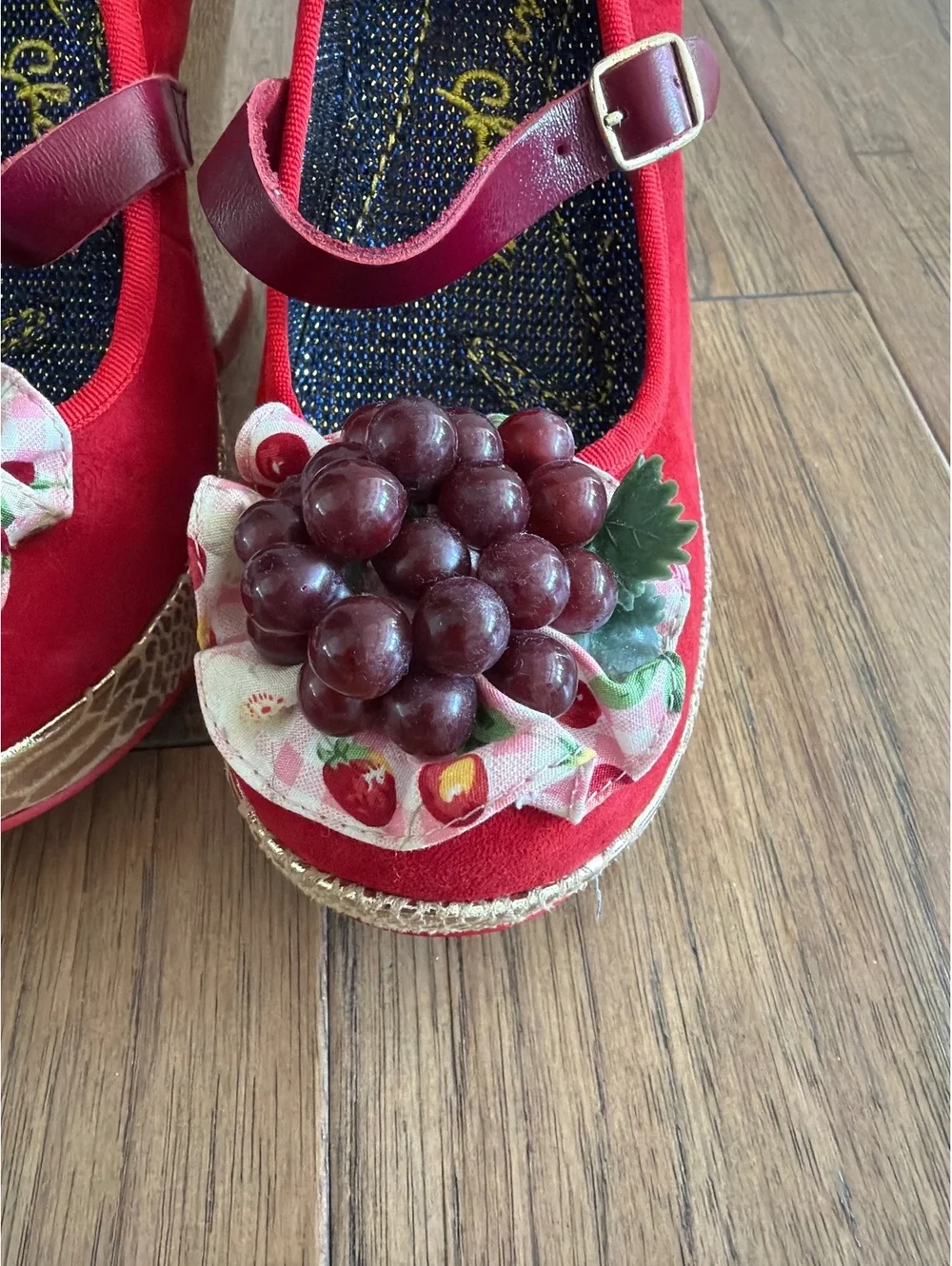 Irregular Choice Red Suede Wedge Heels with Grape and Strawberry Accent